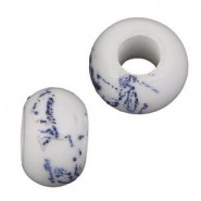 Porzellan große Lochperle 14x8mm Weiß - Delfts blau